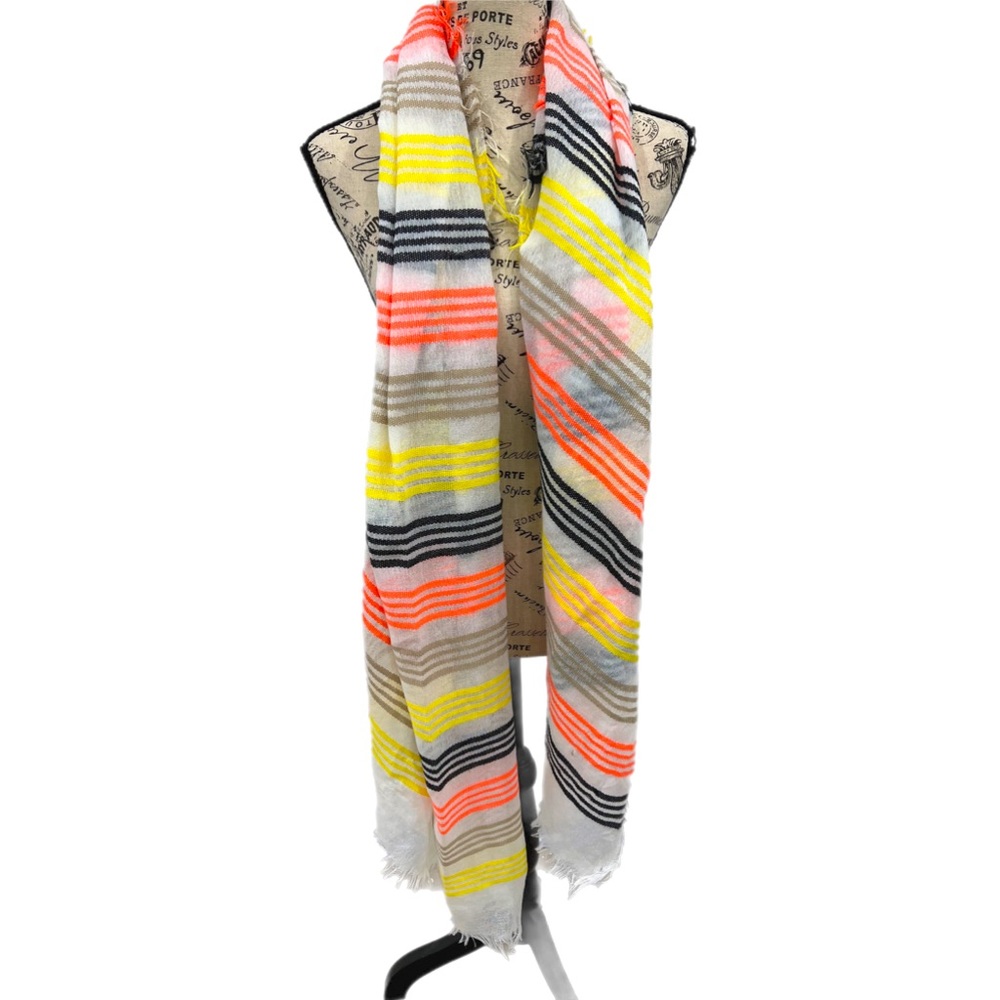 Express scarf, white with yellow , navy blue , and coral stripes